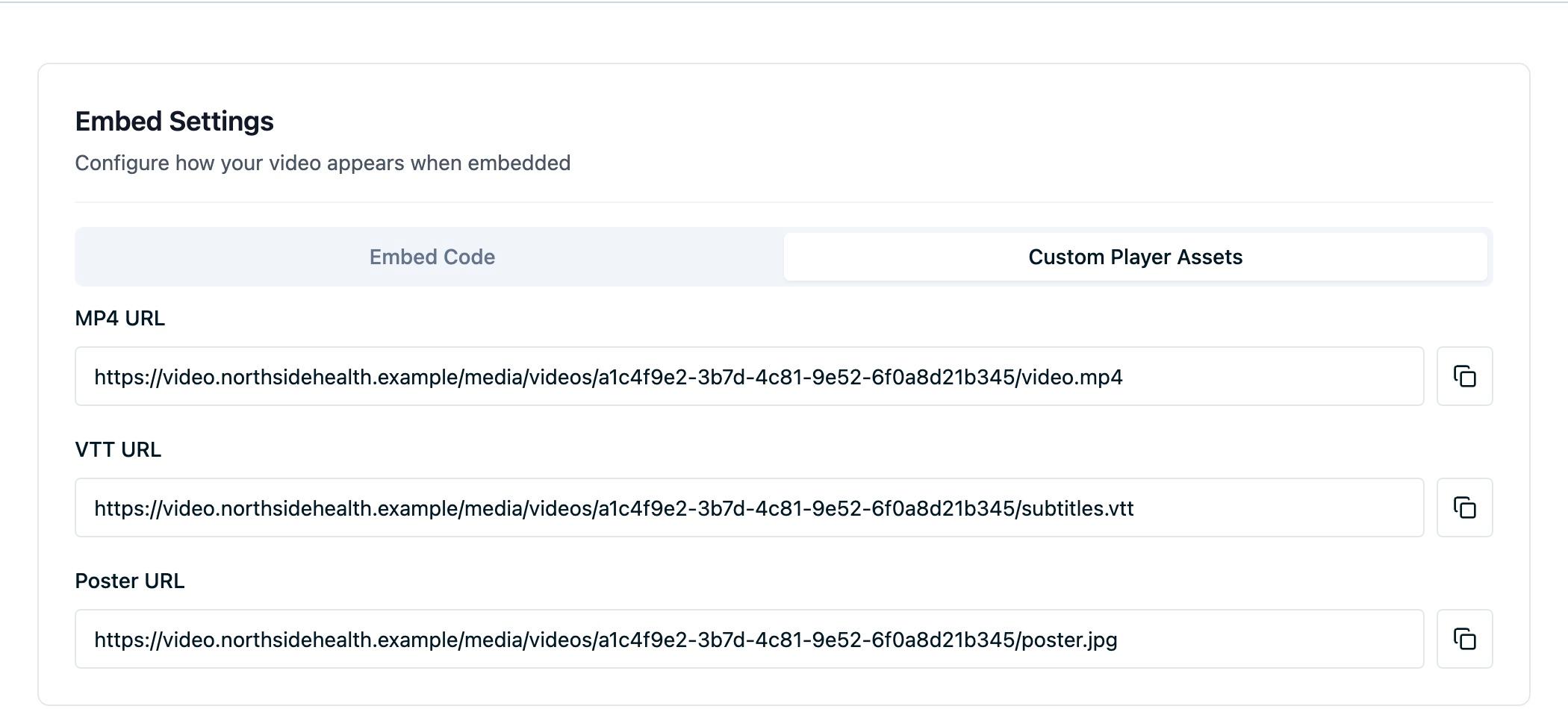 The Custom Player Assets tab listing the MP4, VTT, and poster URLs for a video, each with a copy control