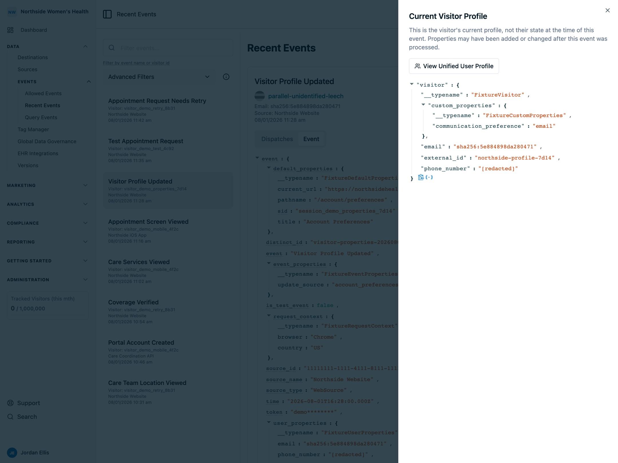 The Recent Events dashboard with a current visitor profile panel showing a hashed email and redacted phone number
