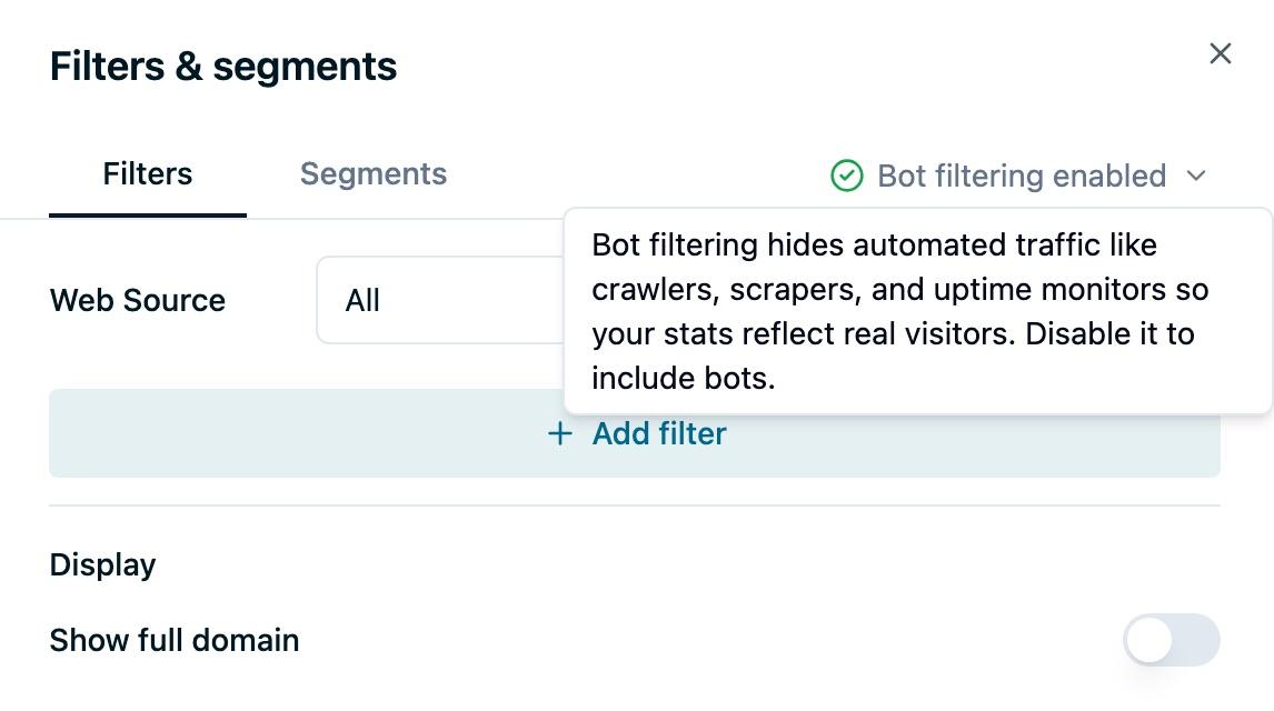 The Filters and segments panel header reading Bot filtering enabled, with its tooltip explaining that bot filtering hides crawlers, scrapers, and uptime monitors so stats reflect real visitors