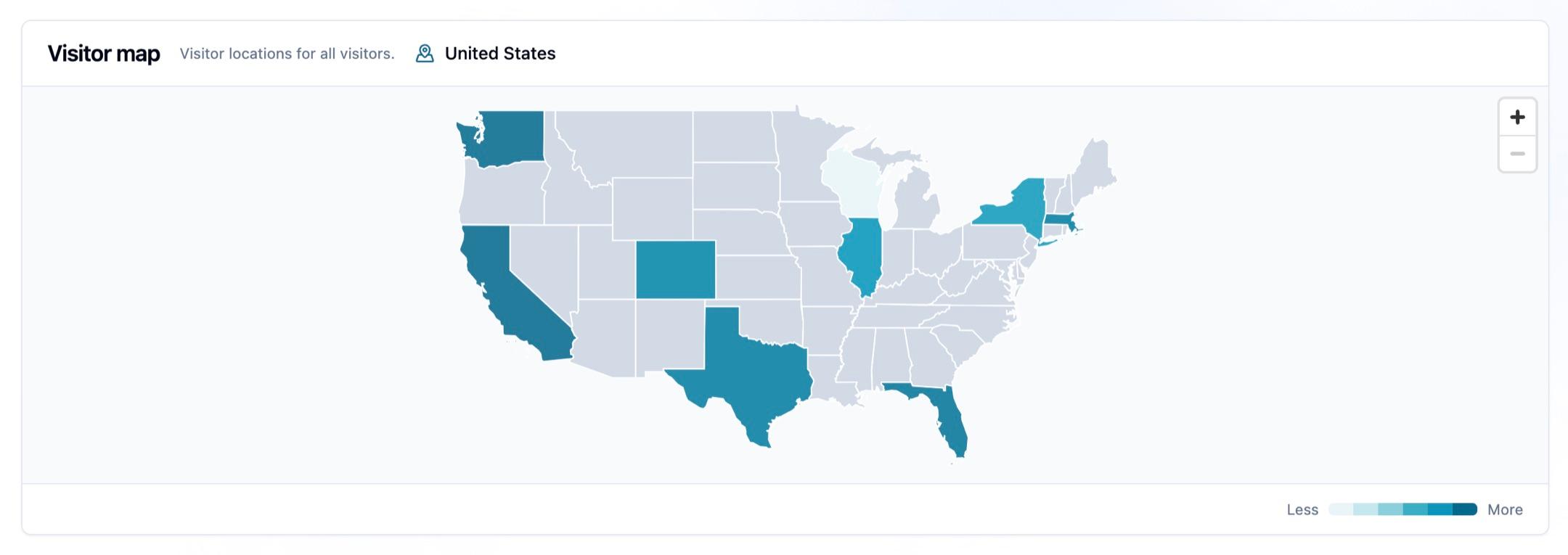 The Visitor map showing United States traffic by state, with shaded states, map zoom controls, and a visitor-count legend