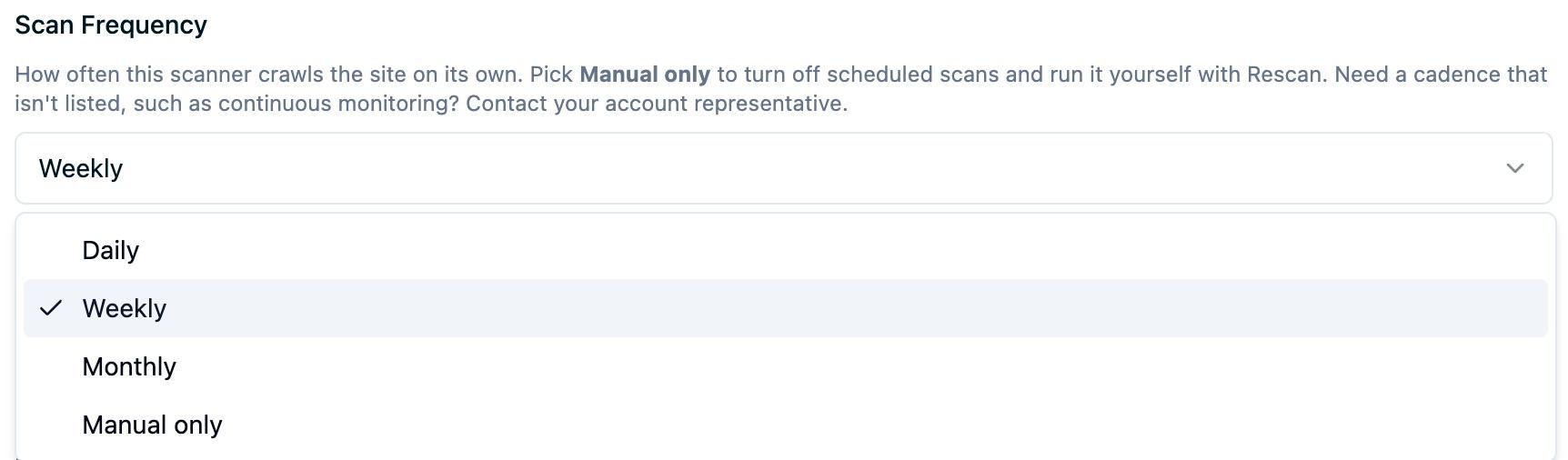 The Scan Frequency field in the Edit Web Scanner dialog with its dropdown open, listing Daily, Weekly, Monthly, and Manual only, with Weekly checked as the current setting