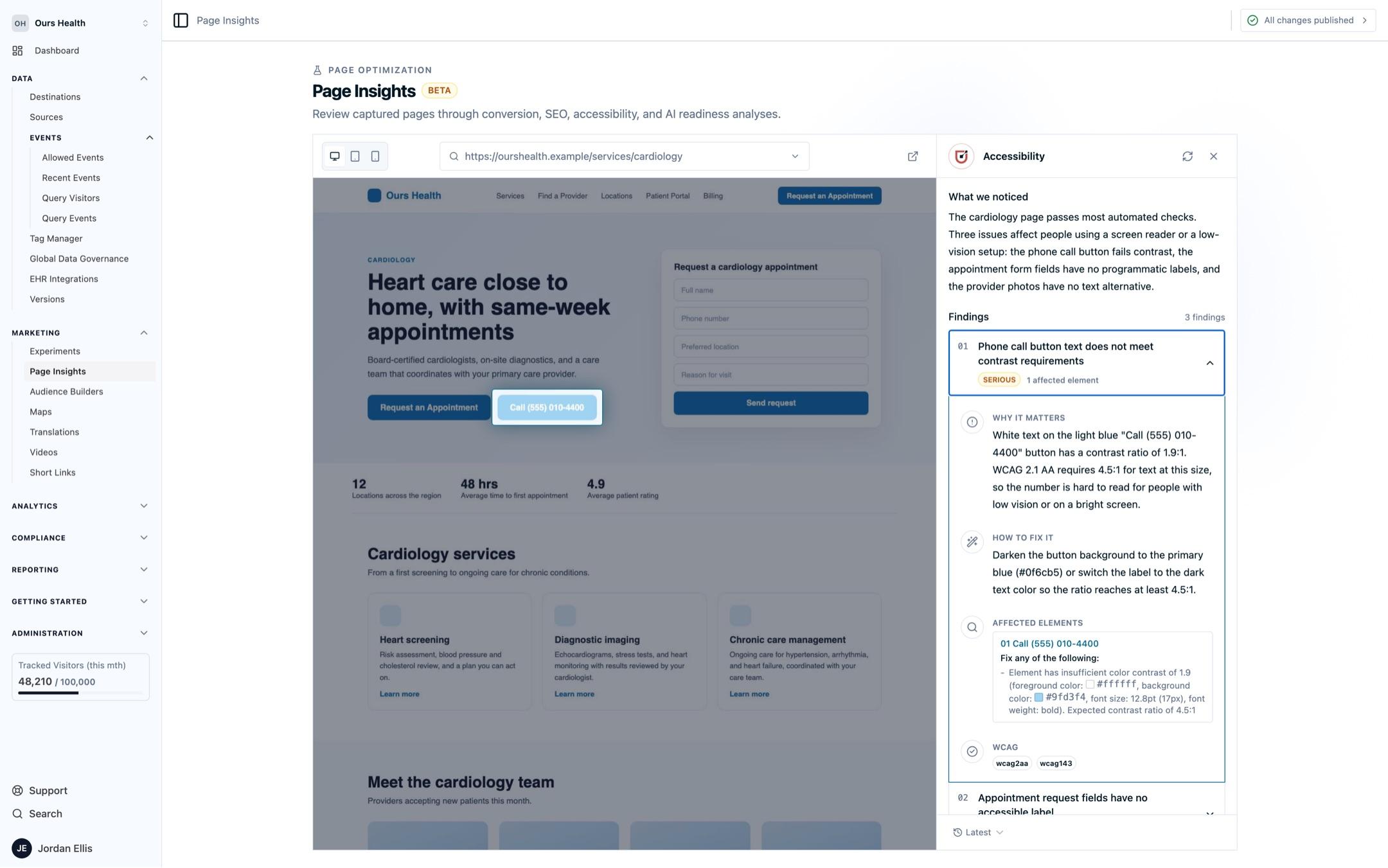 Page Insights with a captured cardiology page on the left and the completed Accessibility review on the right, where the open contrast finding has highlighted the affected phone button on the preview