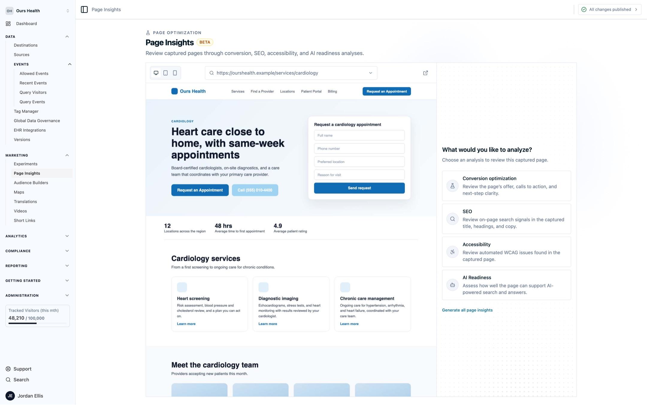 Page Insights showing a captured page beside the four analyses to choose from: Conversion optimization, SEO, Accessibility, and AI Readiness, with a Generate all page insights link
