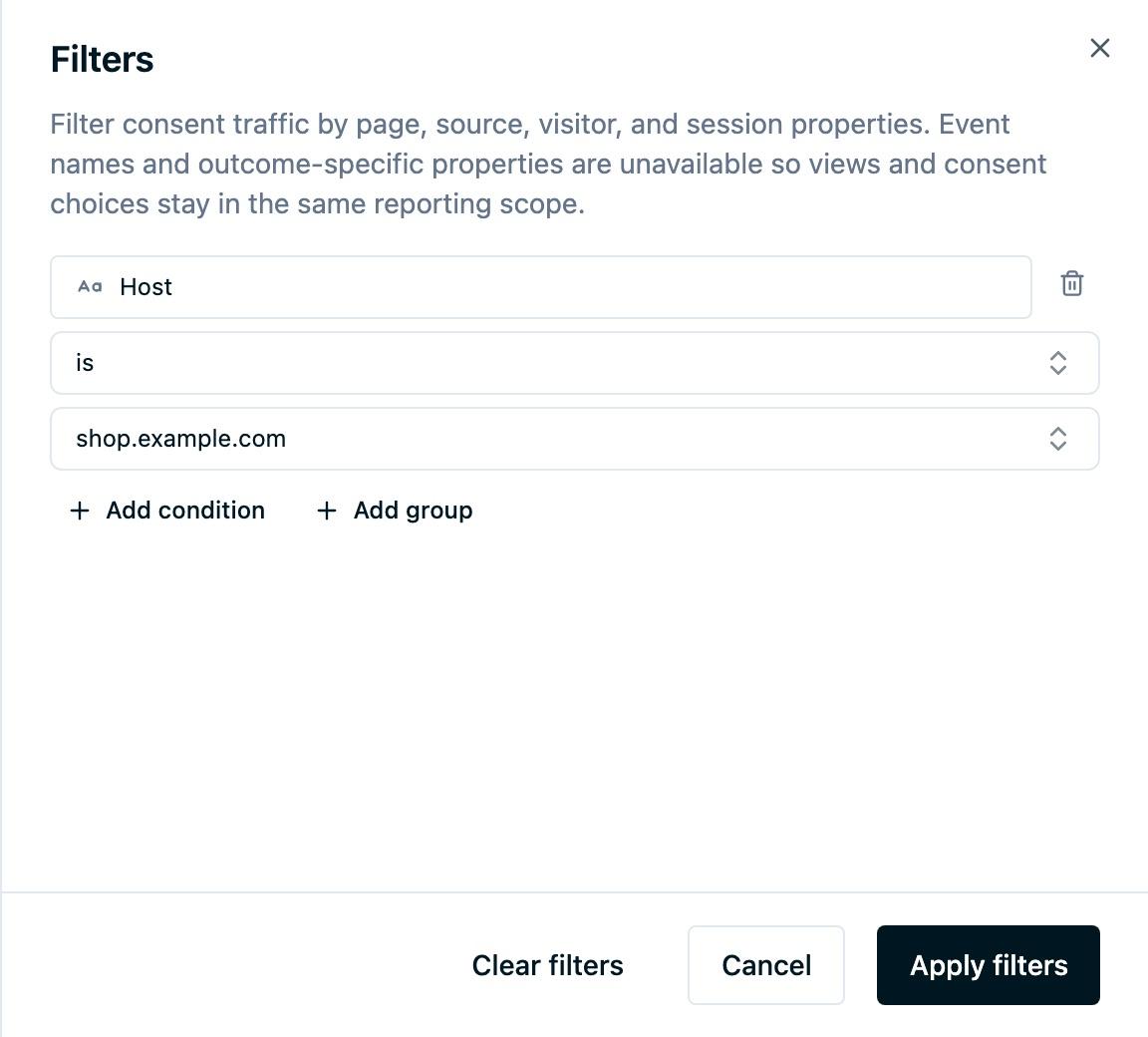 The Consent Analytics filter sidebar with a Host condition for shop.example.com, controls to add conditions or groups, and the Apply filters button.