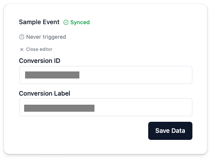 Google Ads destination settings in Ours Privacy showing the Conversion ID and Conversion Label fields