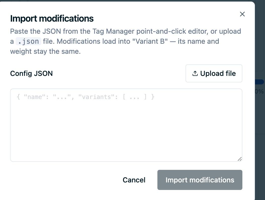 The Import modifications dialog with a Config JSON textarea containing two pasted modifications that set text on the .appointment-cta and .hero-subhead selectors, an Upload file button, a confirmation reading 2 modifications ready to import, and Cancel and Import 2 modifications buttons