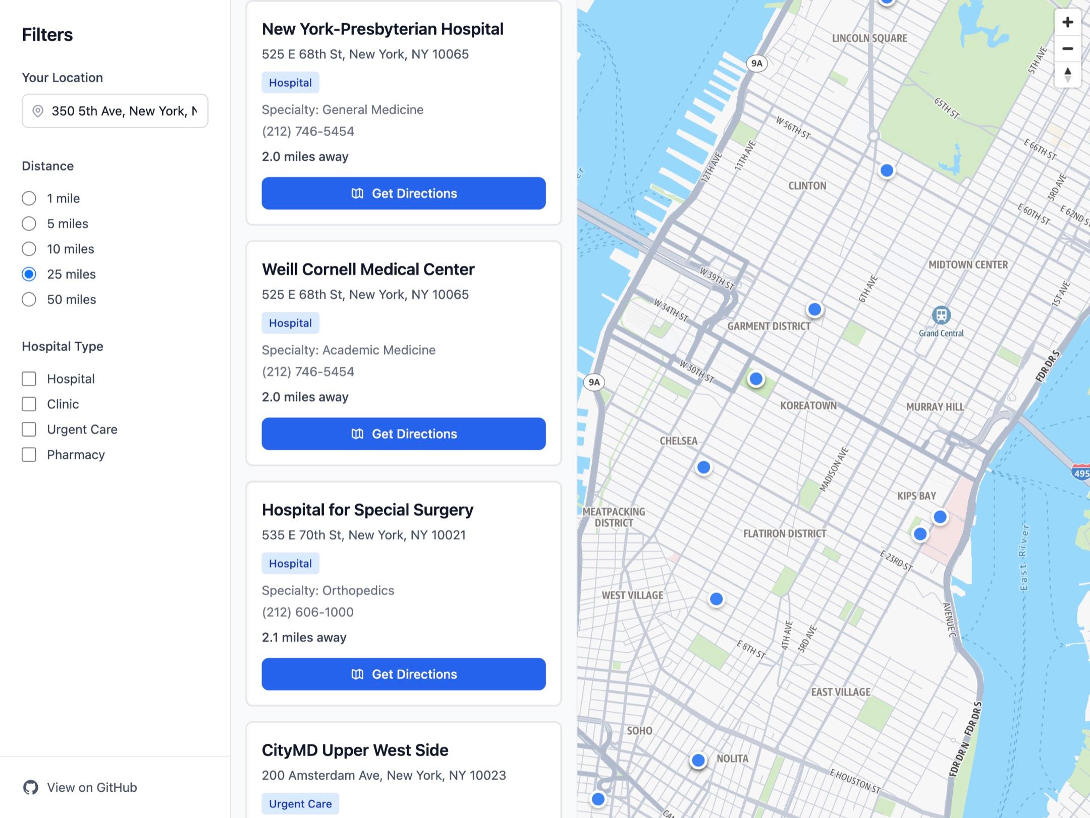 The public Hospital Search demo built on Advanced Location Services: a filters panel for distance and hospital type, a scrollable results list of hospitals and clinics with specialty, phone number, and a Get Directions button, and a live map with location markers