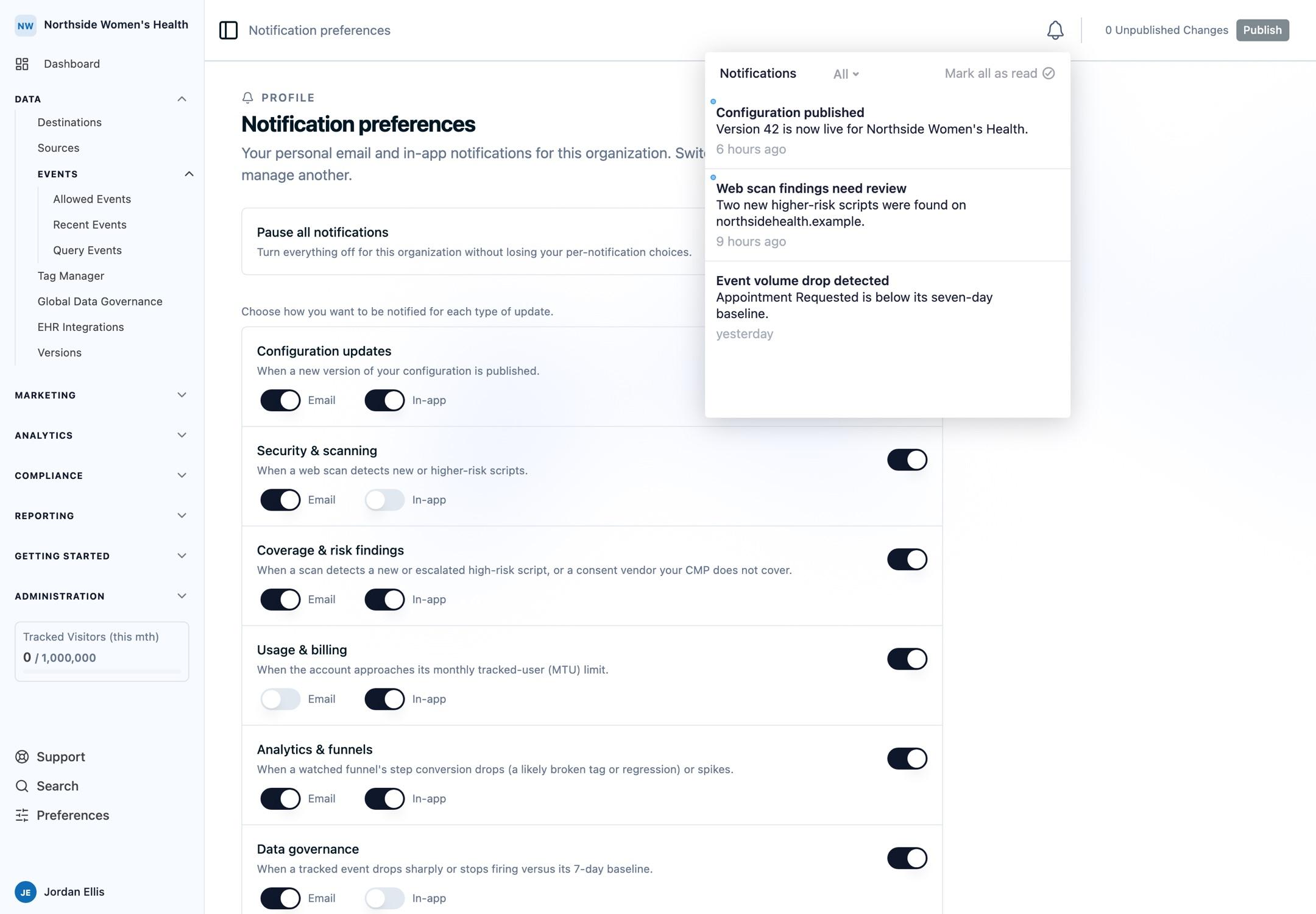 The Ours Privacy dashboard with the in-app notification inbox open beside the full navigation shell
