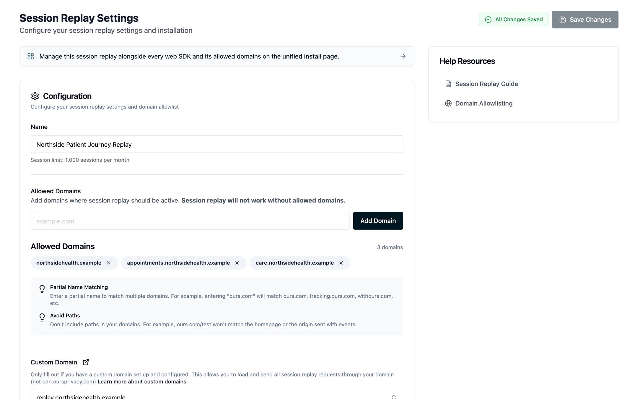 The Session Replay settings page showing allowed domains and a custom-domain field for a fictional Northside Women's Health replay.