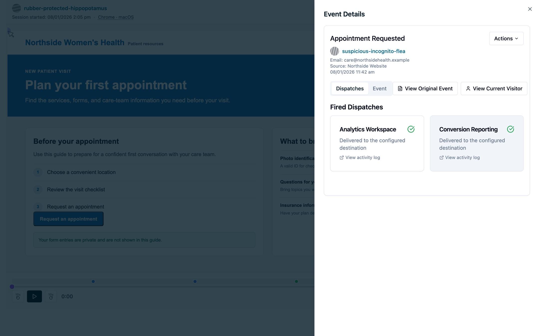 An event-details panel opened from a fictional session replay, with the replay timeline and recorded appointment page still visible behind it.