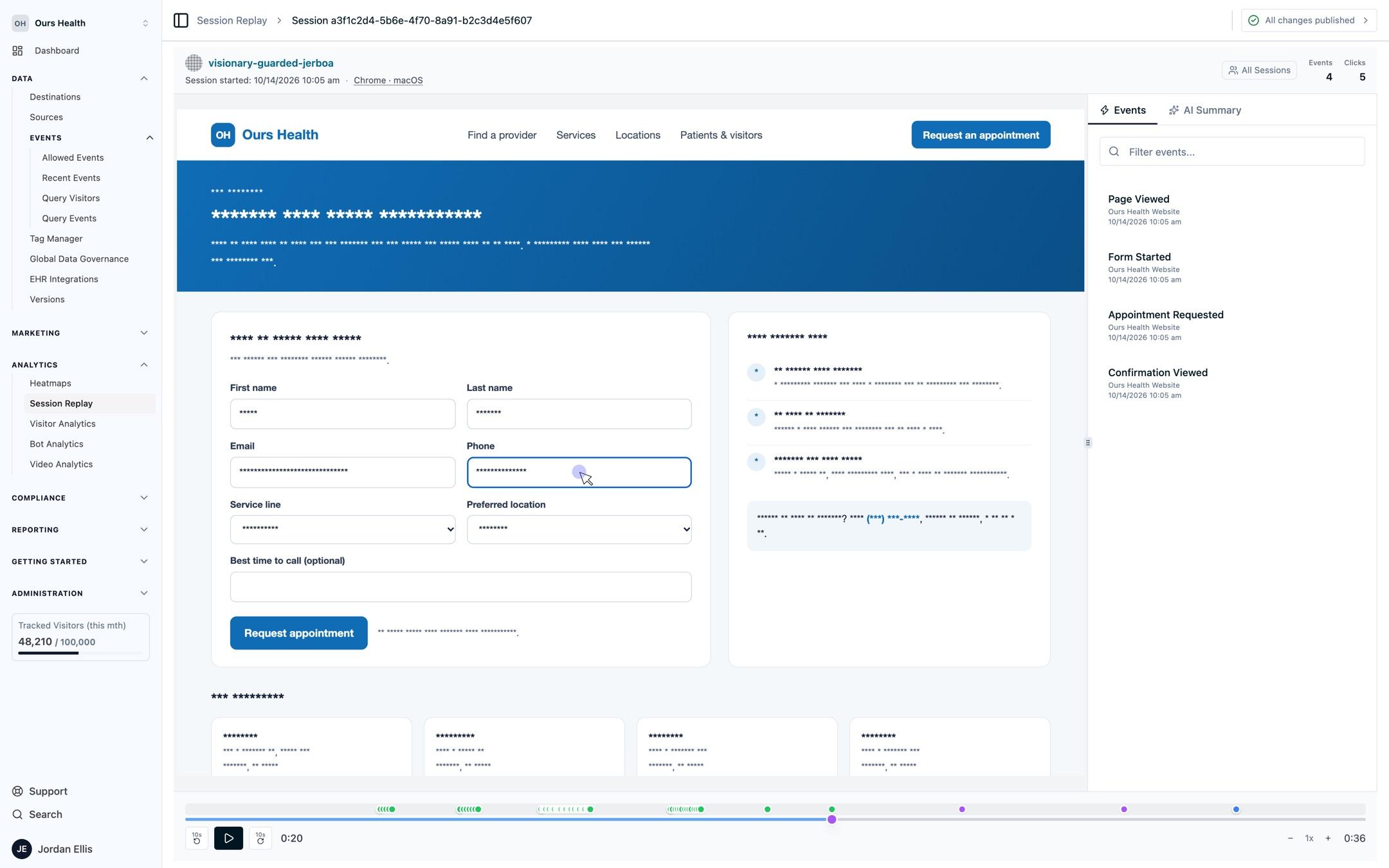A replay of an Ours Health appointment request page recorded with mask_all_text enabled, where the hero, card copy, help text, and location cards are replaced by asterisks while the site header, form field labels, and Request appointment button stay legible because they carry op-session-replay-ignore.