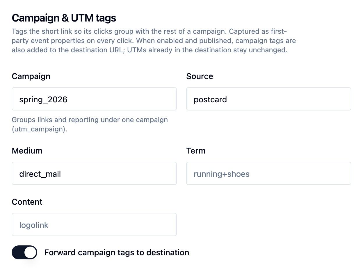 Campaign and UTM tags card with spring campaign values and the Forward campaign tags to destination switch enabled