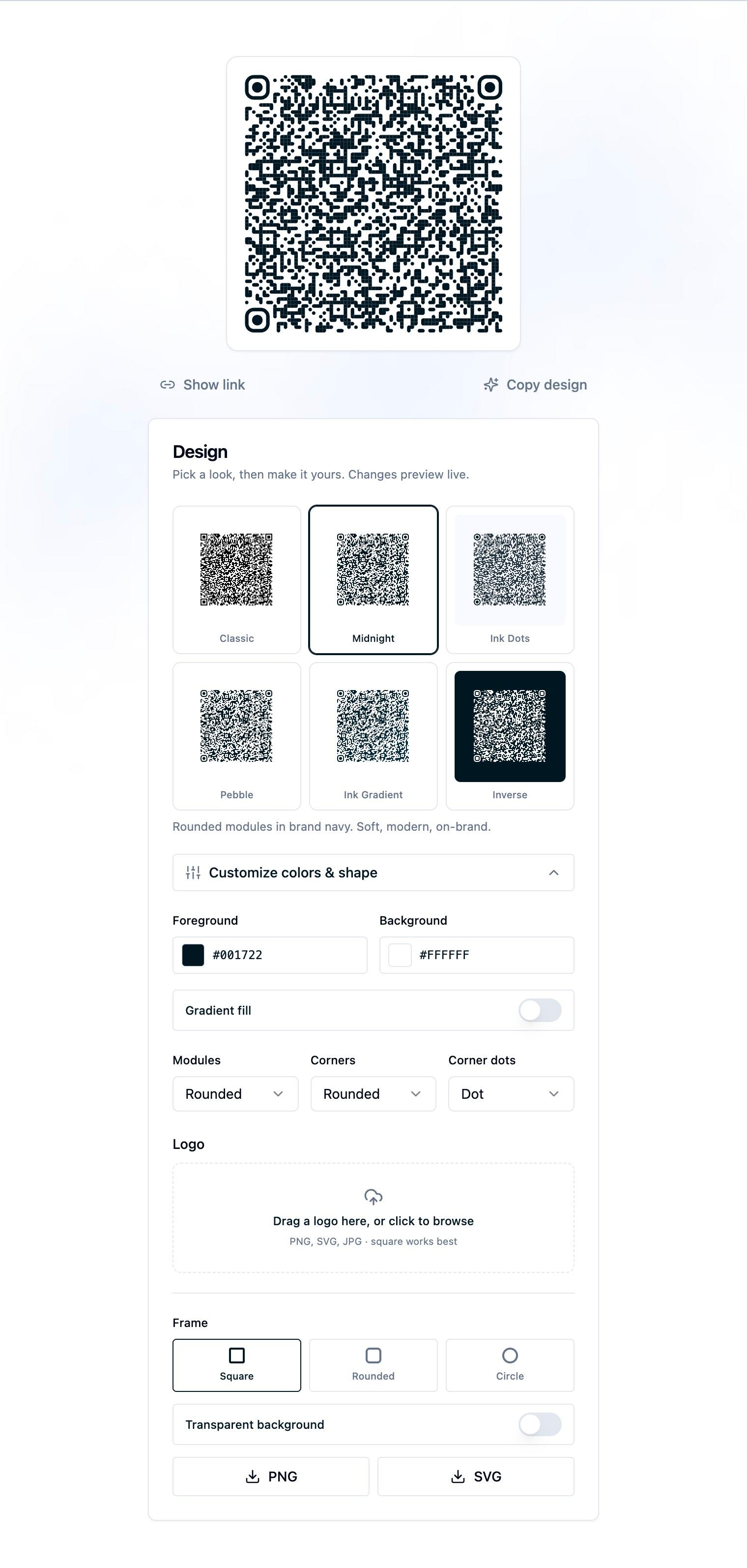 The QR code design panel showing the QR preview above a Design card, a three-column theme picker with six live thumbnails of the same code with Midnight selected and captioned rounded modules in brand navy, the expanded Customize colors and shape controls with Foreground, Background, Gradient fill, Modules, Corners, and Corner dots, a logo dropzone, a Frame picker, a Transparent background toggle, and PNG and SVG download buttons