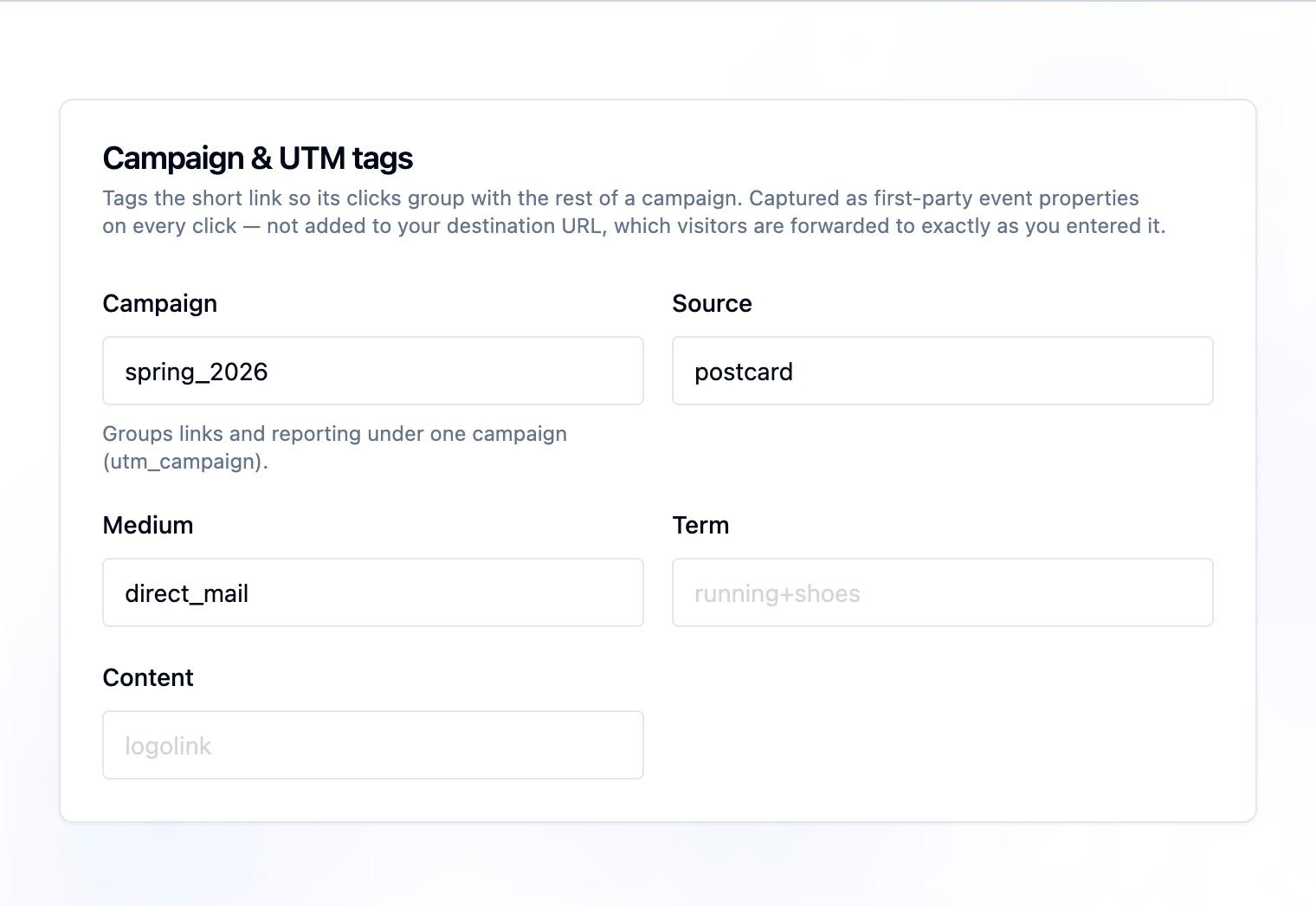 The Campaign and UTM tags card in the short link editor with Campaign, Source, Medium, Term, and Content text fields; Campaign is set to spring_2026, Source to postcard, and Medium to direct_mail, while Term and Content are left empty showing only their placeholders