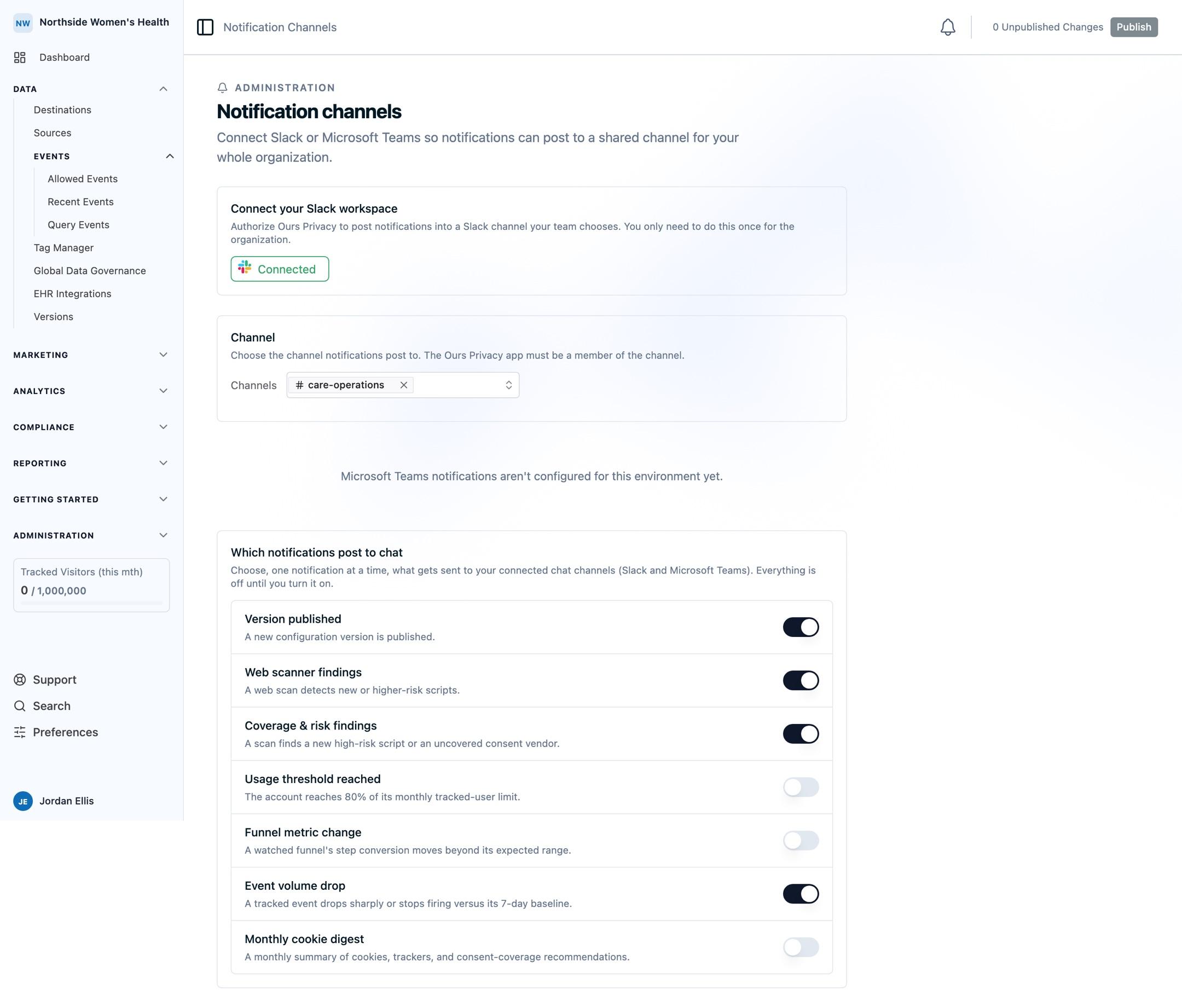 Notification channel settings with a fictional Slack channel selected and enabled routing controls for individual notifications