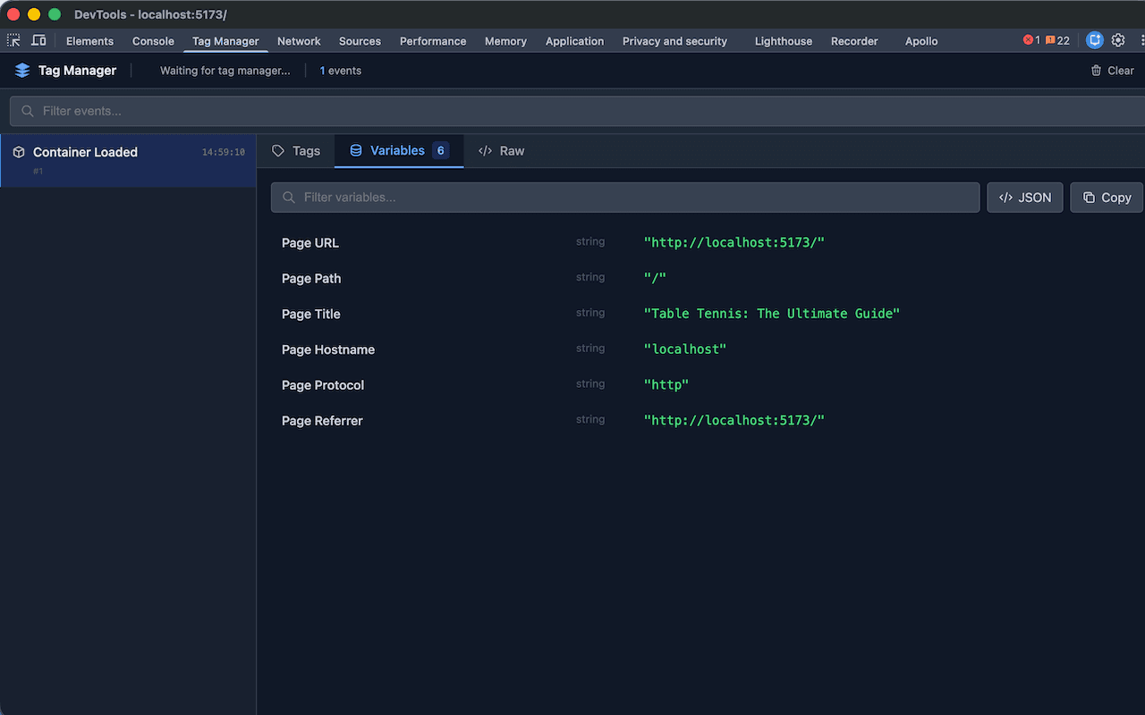 Chrome DevTools with the Ours Privacy Tag Manager tab open, showing a Container Loaded event and its Variables panel listing the page URL, path, title, hostname, and protocol.