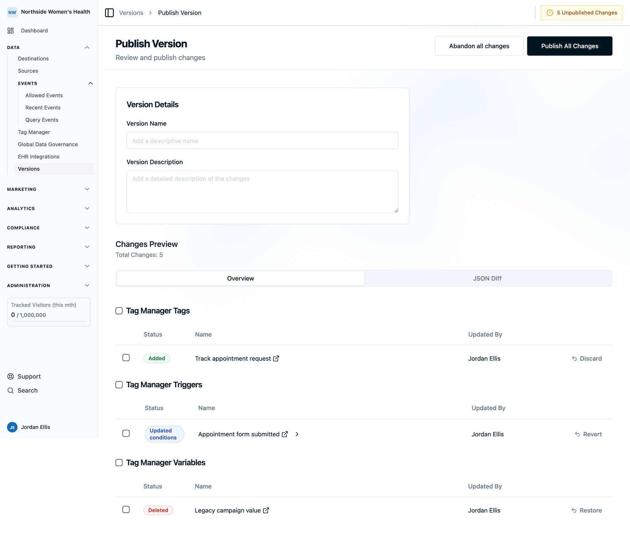 The Publish Version page listing unpublished Tag Manager tags, triggers, and variables, with controls to select the changes to publish.