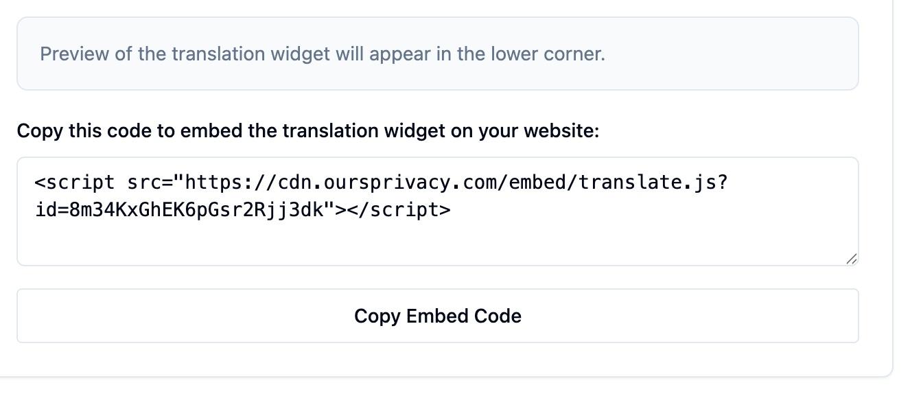 The Widget Preview card on a translation widget's Settings tab, with a note that the widget preview appears in the lower corner, a read-only textarea containing the embed script tag with the widget's CDN URL and id, and a Copy Embed Code button