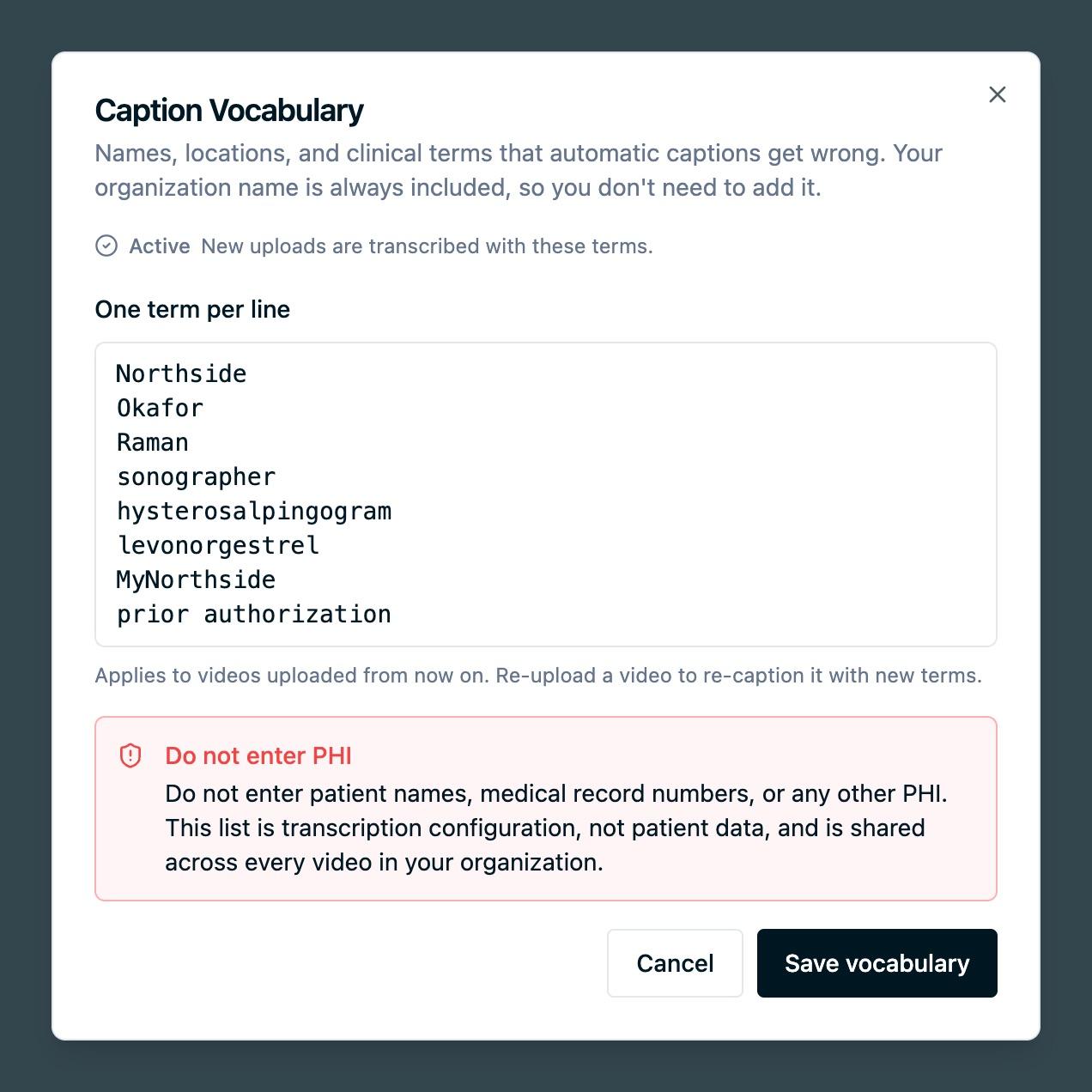 The Caption Vocabulary dialog showing an Active status, eight provider and clinical terms entered one per line, a note that protected health information does not belong here, and a Save vocabulary button