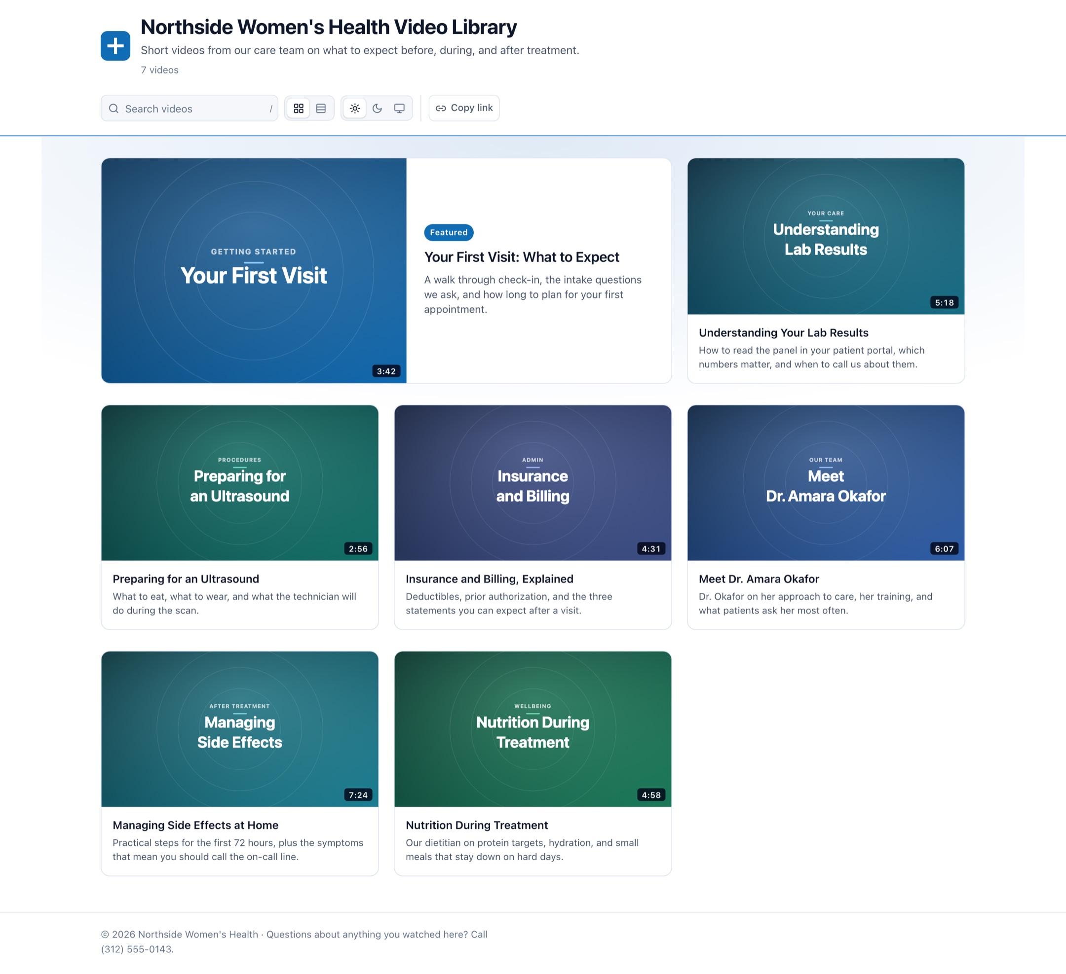 A published video channel page showing a channel title, description, search box, and a grid of seven video cards with posters and durations