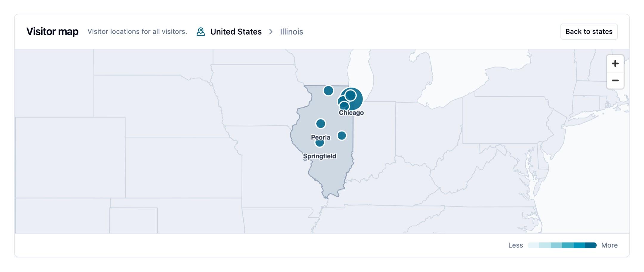 The Visitor map zoomed to Illinois after selecting it, with the United States > Illinois breadcrumb and a Back to states button in the header, and city bubbles sized by visitors, the largest over Chicago and smaller ones at Rockford, Peoria, Springfield, and Champaign