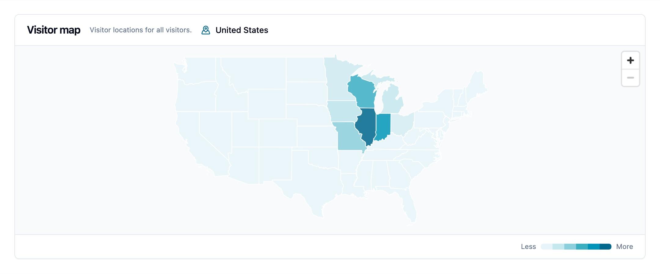 The Visitor map card showing every United States state shaded by visitors, with Illinois darkest, Indiana and Wisconsin next, Missouri, Iowa, Michigan, and Minnesota lighter, and the rest of the country in the lightest shade, above a Less to More legend