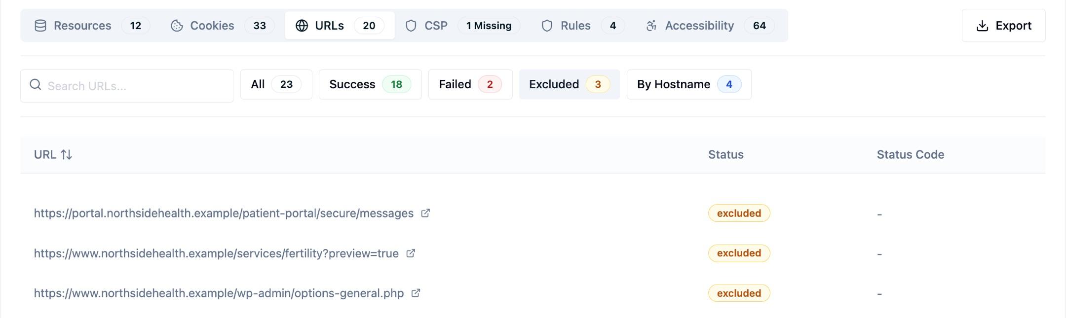 The URLs tab filtered to Excluded, showing the three URLs skipped by the configured patterns: a secure patient-portal path, a page carrying a preview query string, and a WordPress admin page
