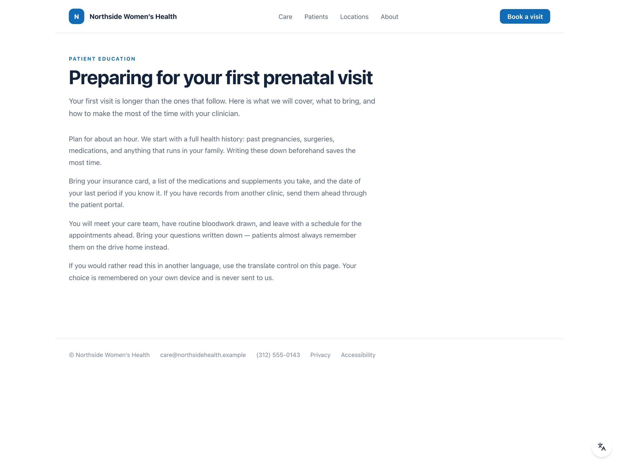 A light clinic page with a small circular translate button in the bottom-right corner showing a translate icon.